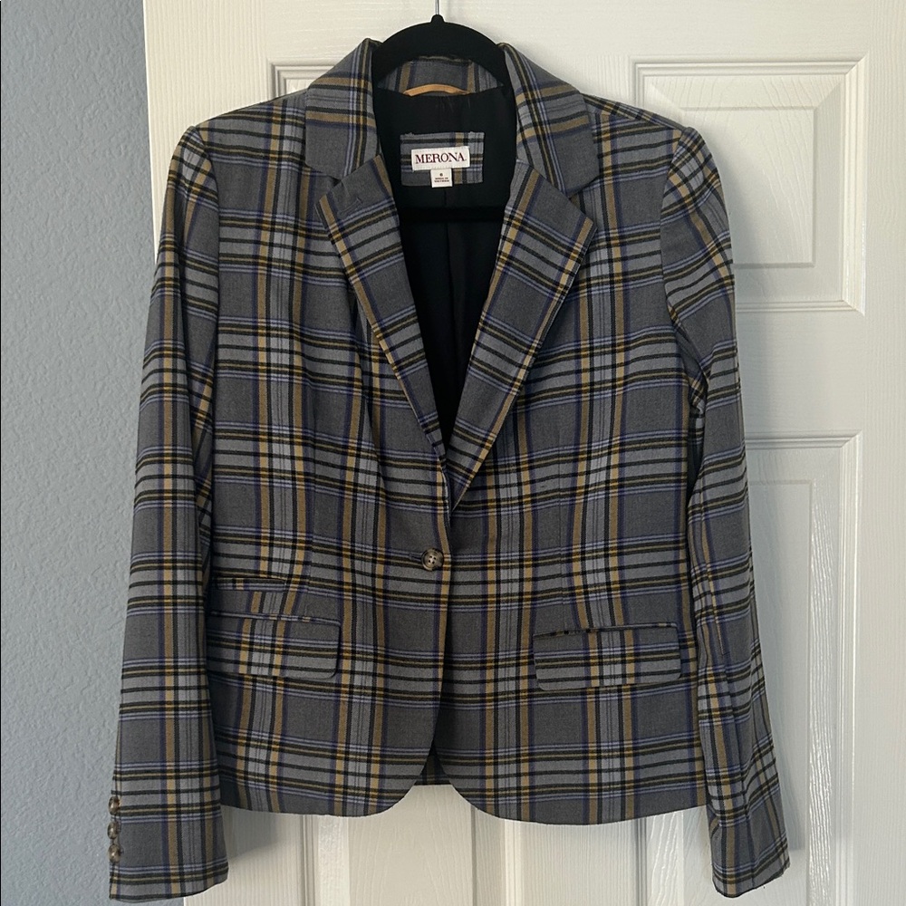 Merona Womens Gray Yellow Blue‎ Plaid Single Button Blazer Jacket Size 6